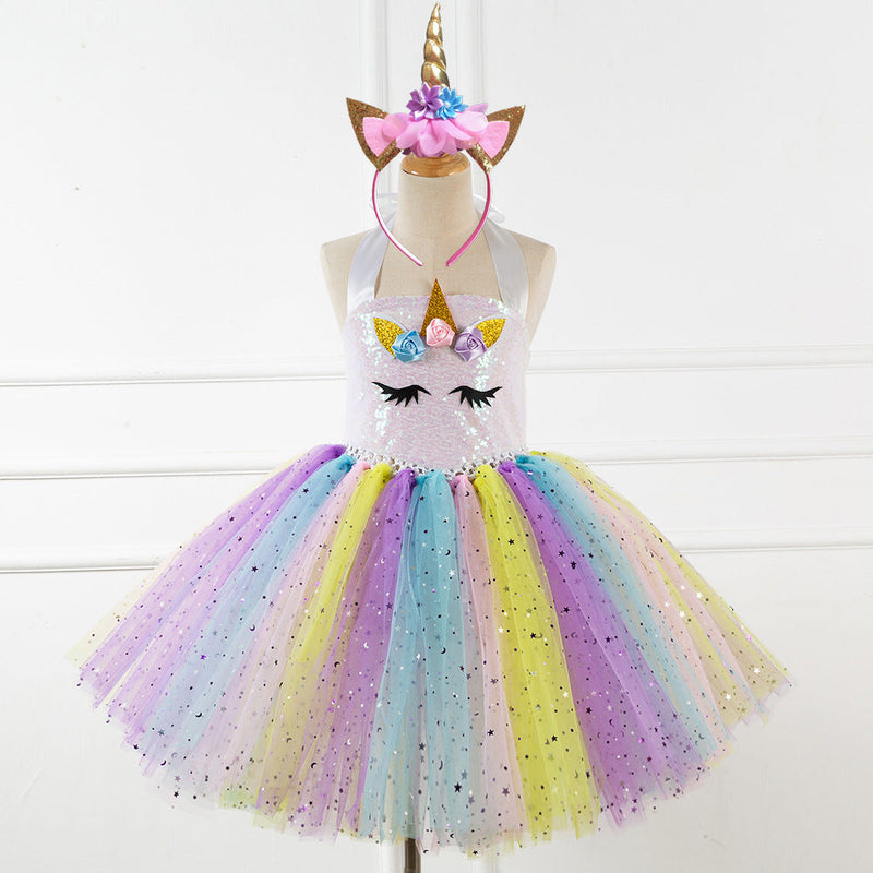 Unicorn Kid Girl Rainbow Sequin Tulle Birthday Dress