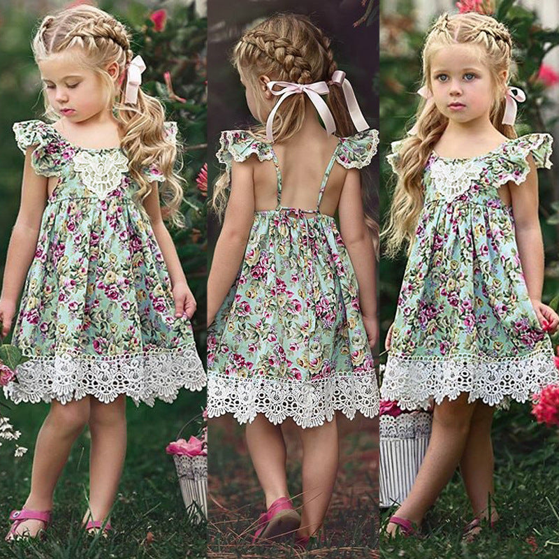 Kid Baby Girls Sub Flying Sleeve Shoulder Broken Flower Dress