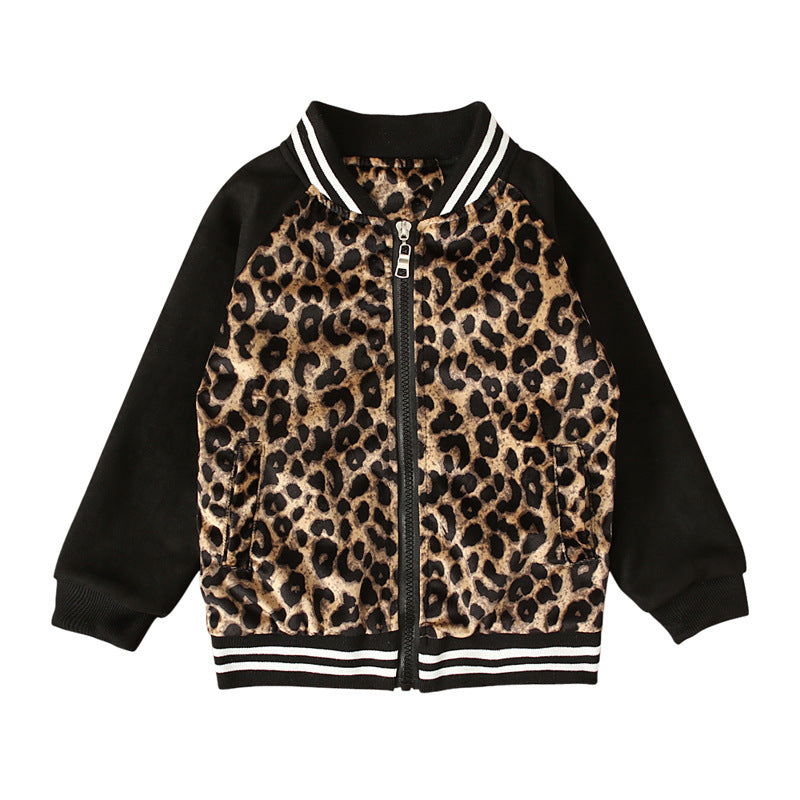 Kid Baby Girl Leopard Pattern Long Sleeve Zipper Jacket Baseball Coats