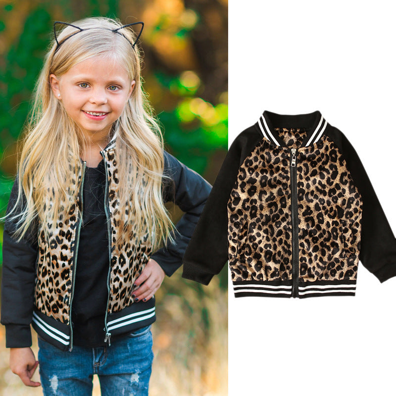 Kid Baby Girl Leopard Pattern Long Sleeve Zipper Jacket Baseball Coats
