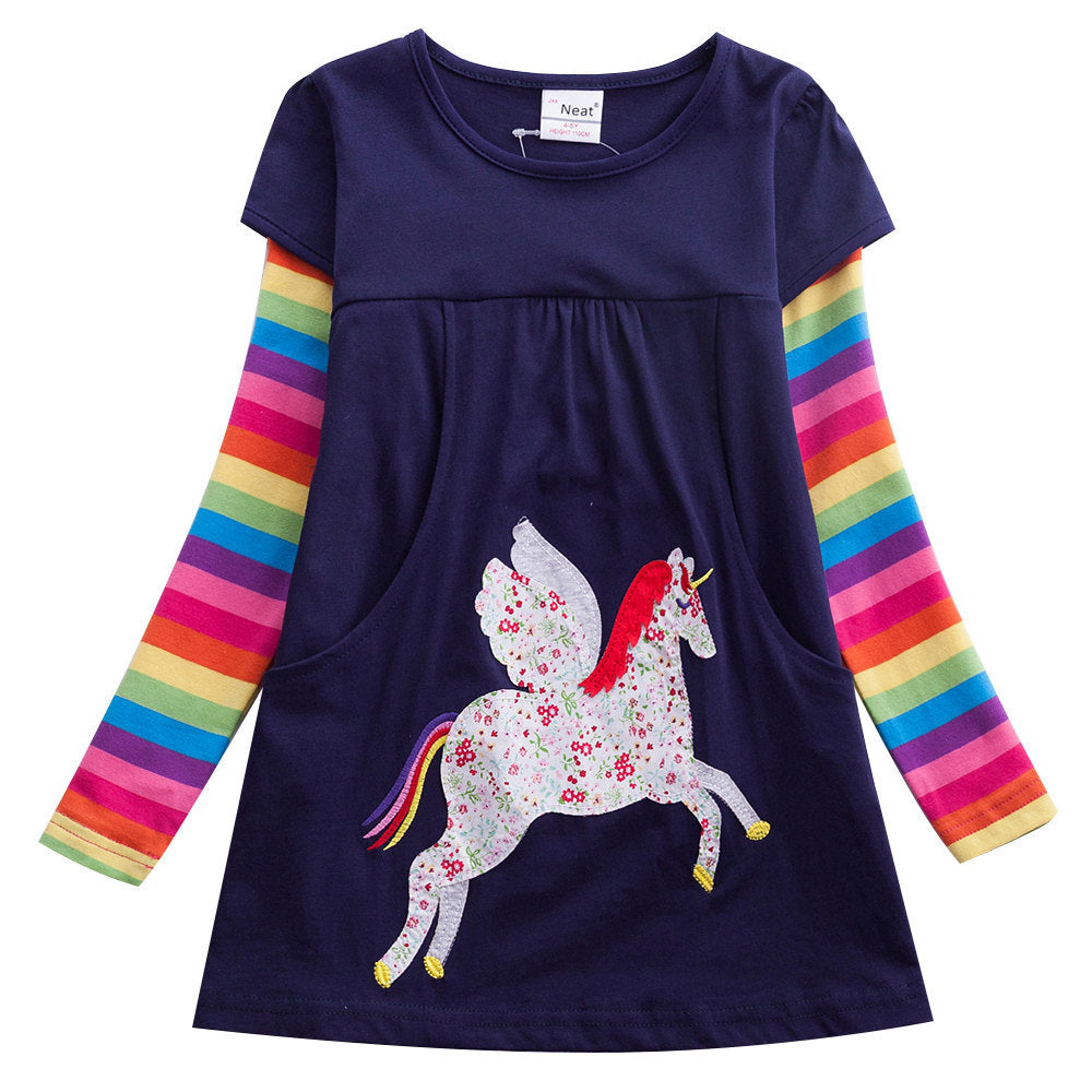 Kid Baby Girls Long Sleeve Unicorn Embroidered Cotton Dresses