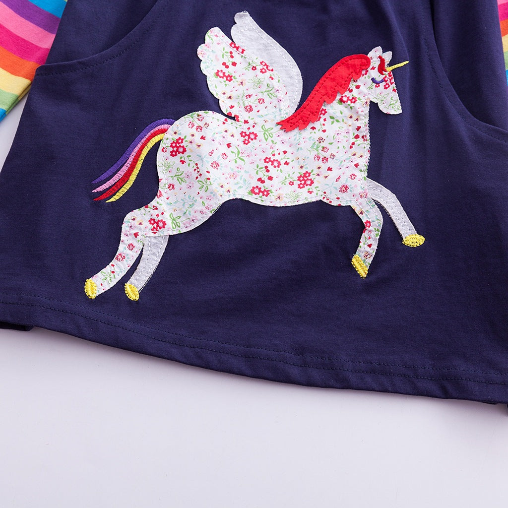 Kid Baby Girls Long Sleeve Unicorn Embroidered Cotton Dresses