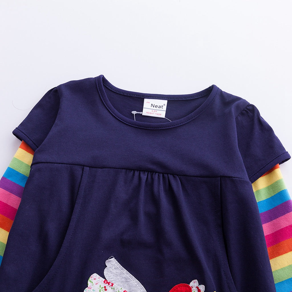 Kid Baby Girls Long Sleeve Unicorn Embroidered Cotton Dresses