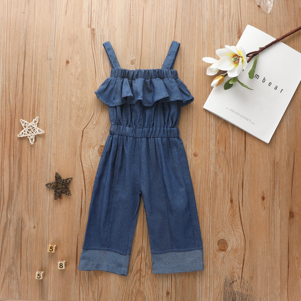 Kid Girl Denim Jumpsuit Breathable Thin Denim Pants