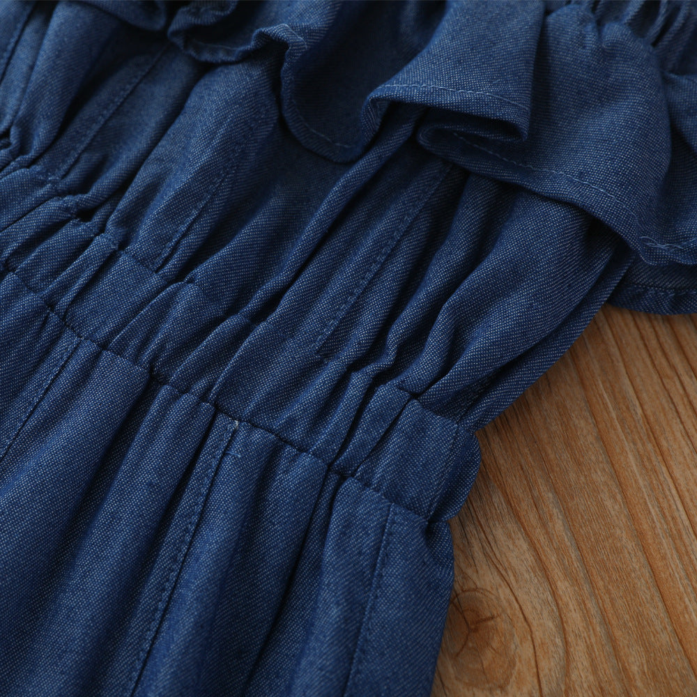 Kid Girl Denim Jumpsuit Breathable Thin Denim Pants