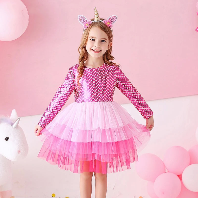 Girls Elegant Tutu Dress Long Sleeve Princess Vestidos Party Dresses 2-8 Years