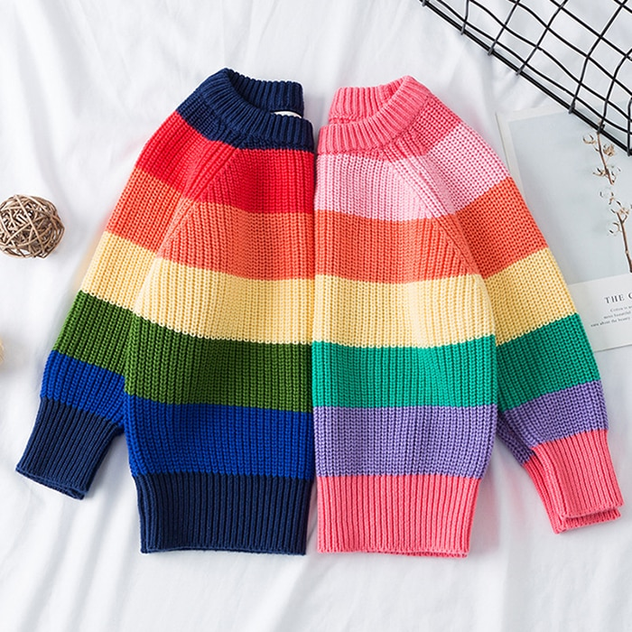 Toddler Girl Tops Winter Colorful Striped Knitted Thermal Sweater