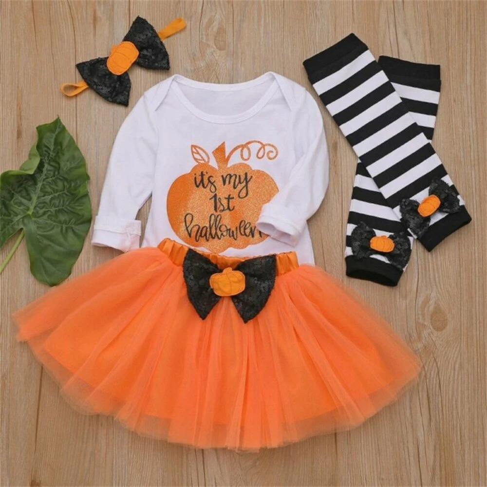 Baby Girl Fashion Halloween Dress+Tops+Headbands+Stocking 4 Pcs Set 0-24 Months