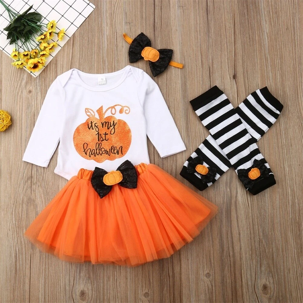 Baby Girl Fashion Halloween Dress+Tops+Headbands+Stocking 4 Pcs Set 0-24 Months