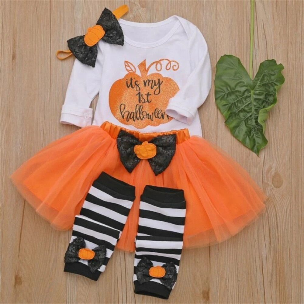 Baby Girl Fashion Halloween Dress+Tops+Headbands+Stocking 4 Pcs Set 0-24 Months