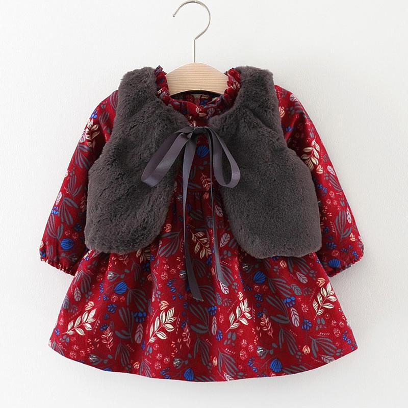Baby Girl Floral Long Sleeve Flannelette Lining Thicken Dress 2 Pcs Sets
