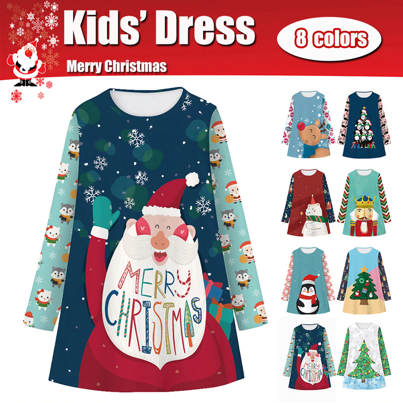 Kid Girls Christmas Digital Cartoon Print A-Line Long T-shirt