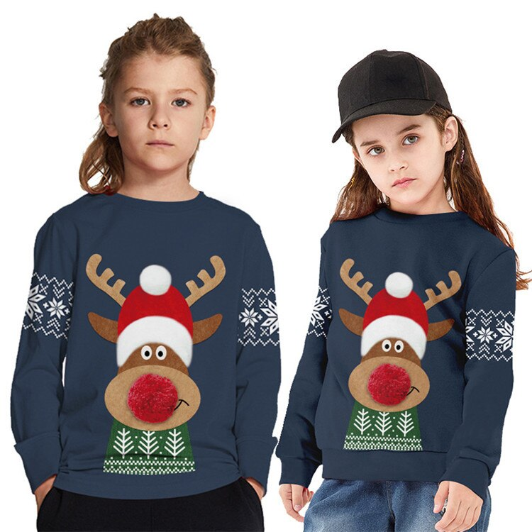 Kids Christmas Elk Digital Printing Warm Long Sleeve Crew Neck Sweater