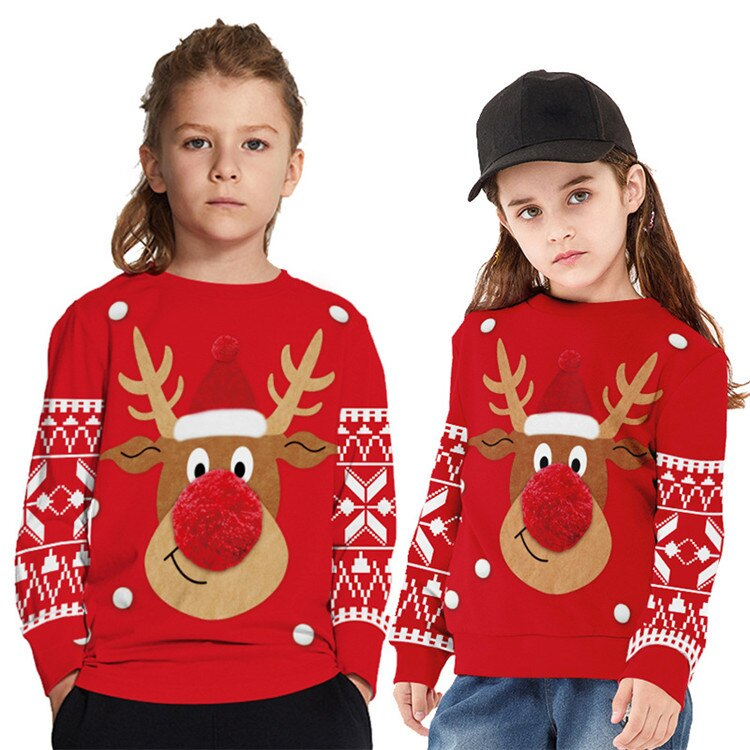 Kids Christmas Elk Digital Printing Warm Long Sleeve Crew Neck Sweater