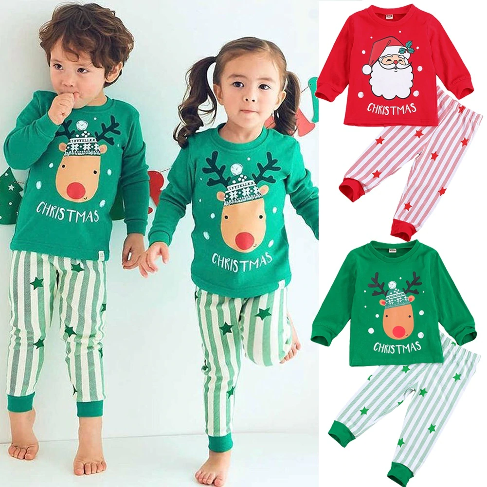 Kids Popular Christmas Print Pullover Spring Striped Pajamas Set 2 Pcs