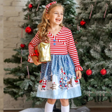 Kids Girl Spring Long Sleeve Christmas Snowman Striped Dresses