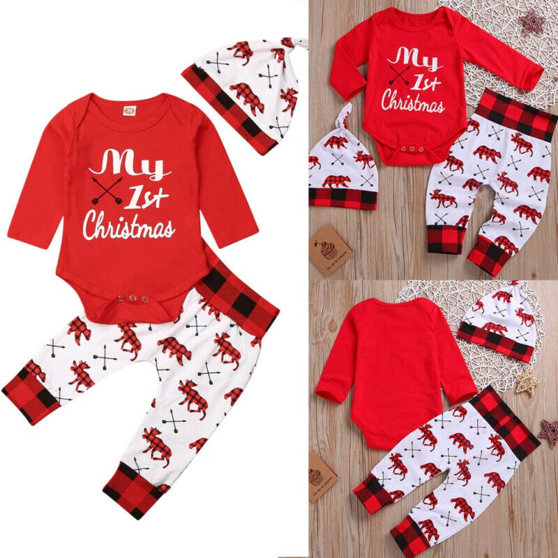 Kids Baby Long Sleeve Christmas Letter Creeper Sets 3 Pcs