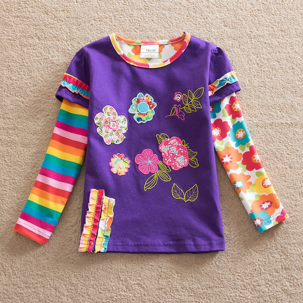 Girls Long Sleeve T-shirt Flower Tees Heart Appliques 2-8 Years