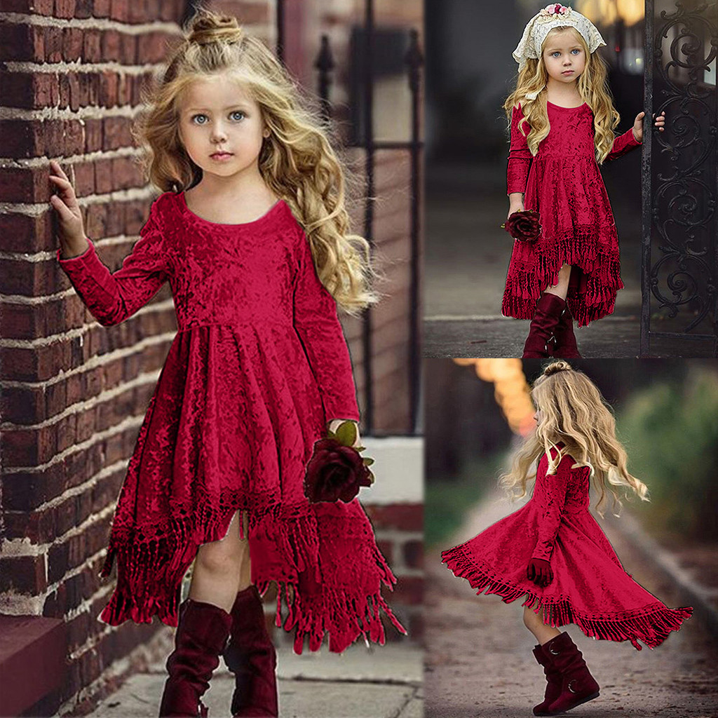 Kids Girl Gold Velvet Long Sleeve Tassel Sweet Princess Dresses