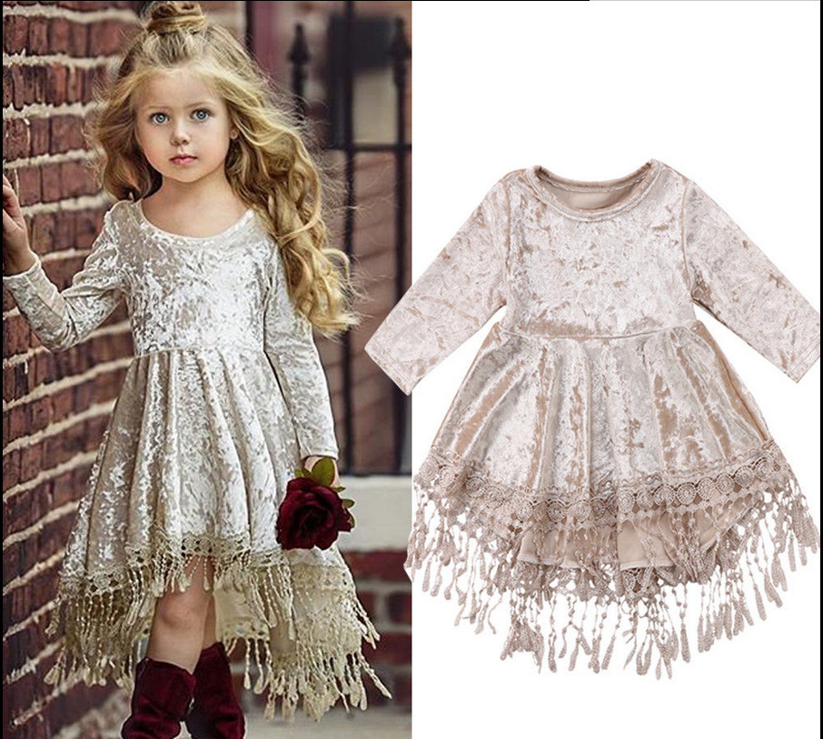 Kids Girl Gold Velvet Long Sleeve Tassel Sweet Princess Dresses