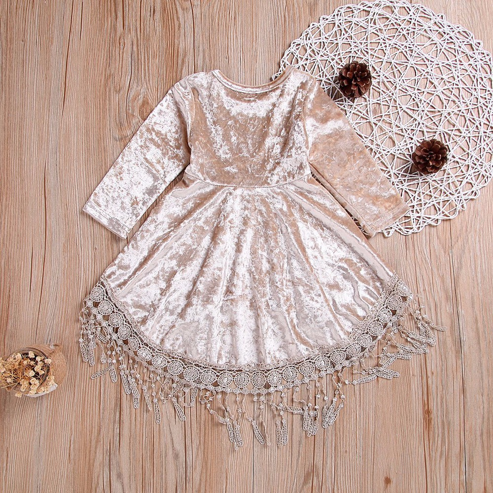 Kids Girl Gold Velvet Long Sleeve Tassel Sweet Princess Dresses