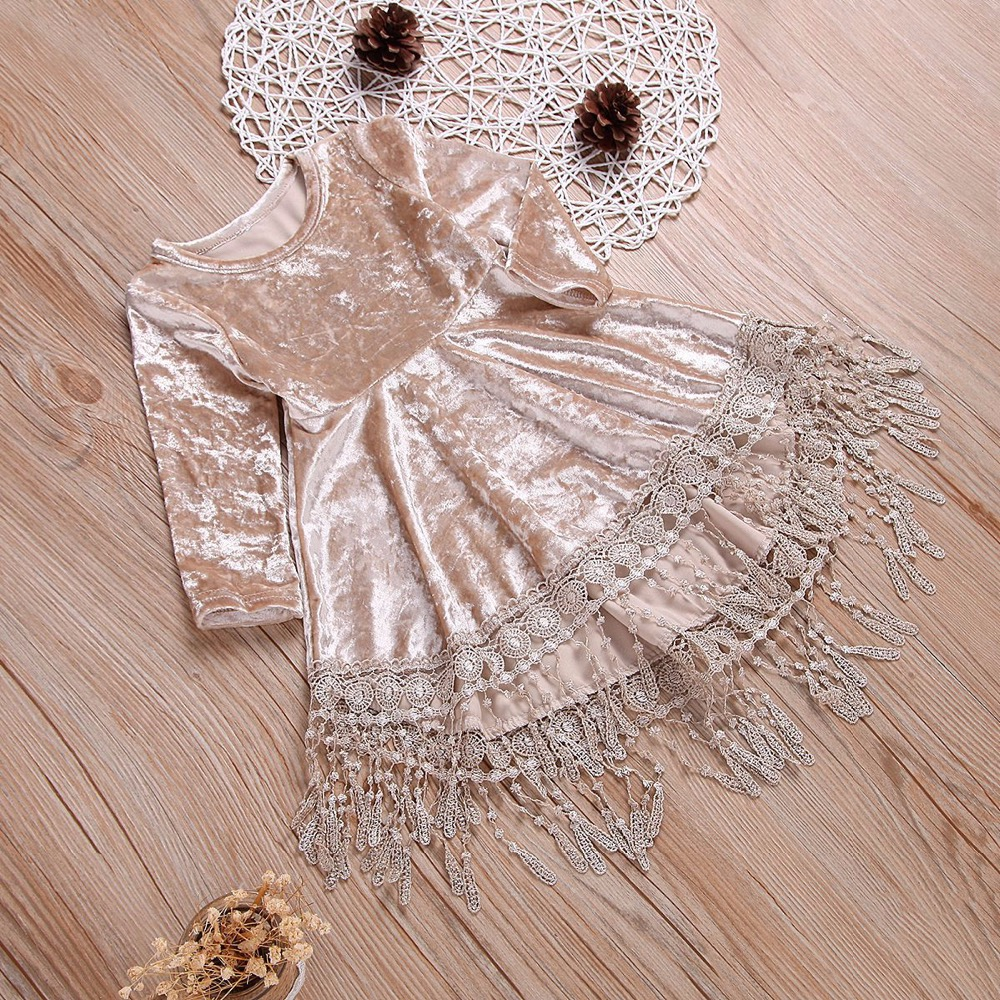 Kids Girl Gold Velvet Long Sleeve Tassel Sweet Princess Dresses
