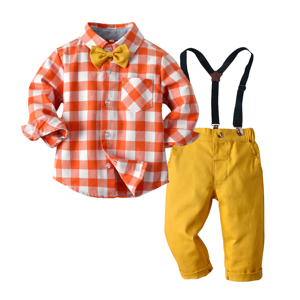 Autumn Cotton Plaid Long Sleeves Baby Boy Set 2 Pcs Formal Suits
