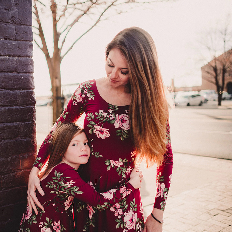 Family Mommy & Me Red Fall Floral Long Sleeve Maxi Dress