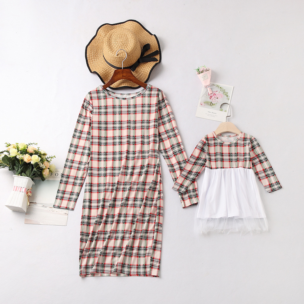 Family Matching Plaid Mother Daughter Dresses Parent-child Christmas Dresses