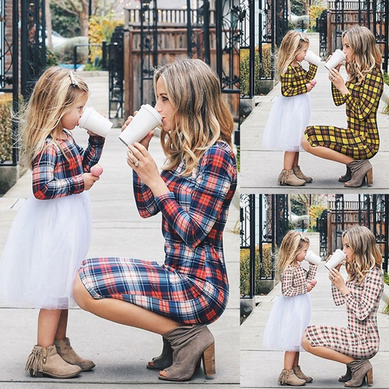 Family Matching Plaid Mother Daughter Dresses Parent-child Christmas Dresses