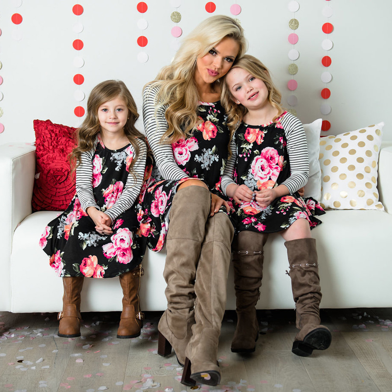 Family Mommy And Me Floral & Striped Print Raglan Dress