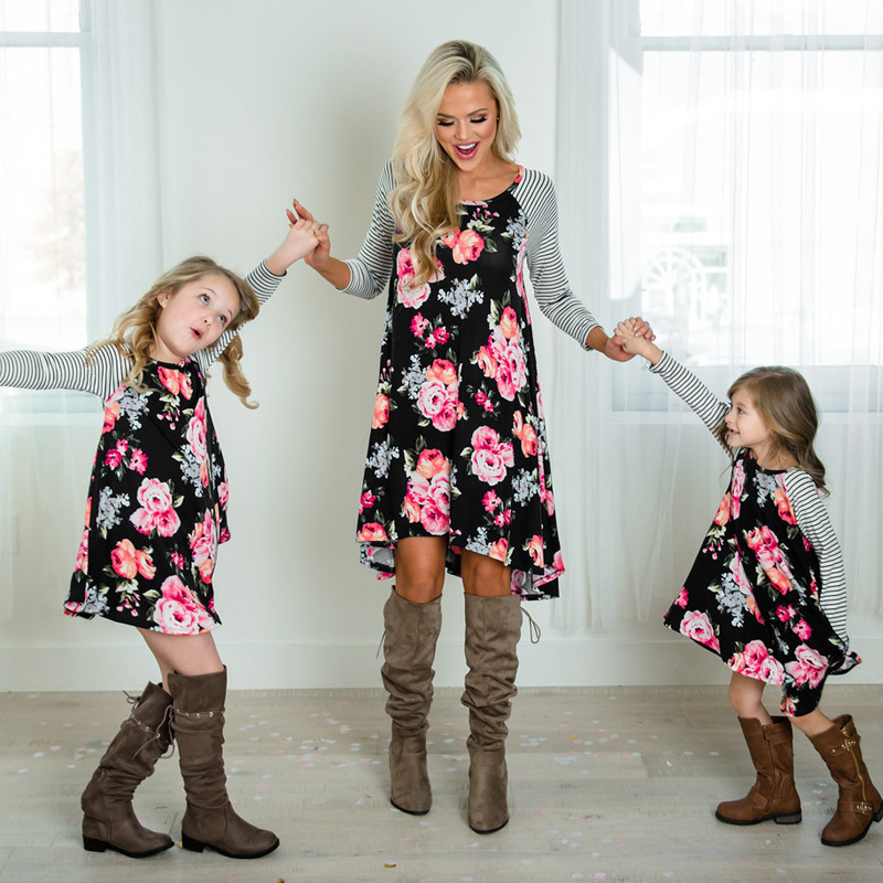 Family Mommy And Me Floral & Striped Print Raglan Dress