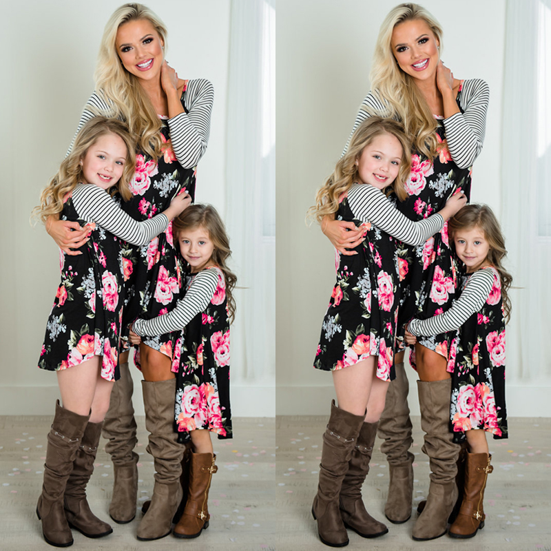 Family Mommy And Me Floral & Striped Print Raglan Dress