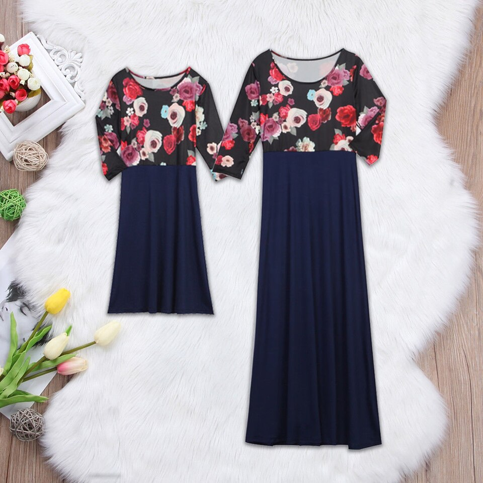 Family Matching Parent-child Mother-daughter Printed Three-quarter Sleeves Dress