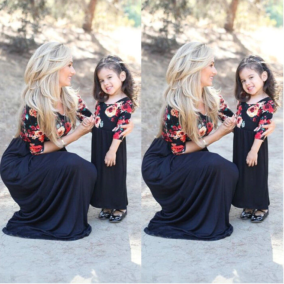 Family Matching Parent-child Mother-daughter Printed Three-quarter Sleeves Dress