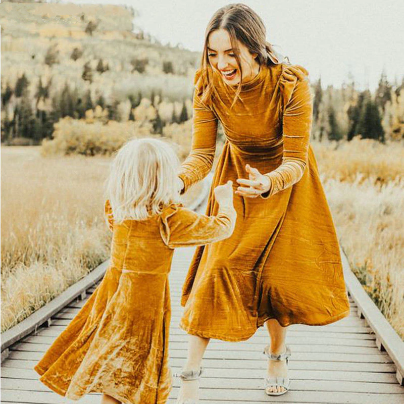 Autumn Mom Daughter Dress Solid Long Sleeve Family Matching Outfits