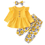 Baby Girl Solid Knitting Ruffle Long Sleeve Floral 3 Pcs Set