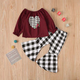 Fashion Baby Kid Girls Valentine's Day Love Plaid Bell Bottoms 2 Pcs Sets