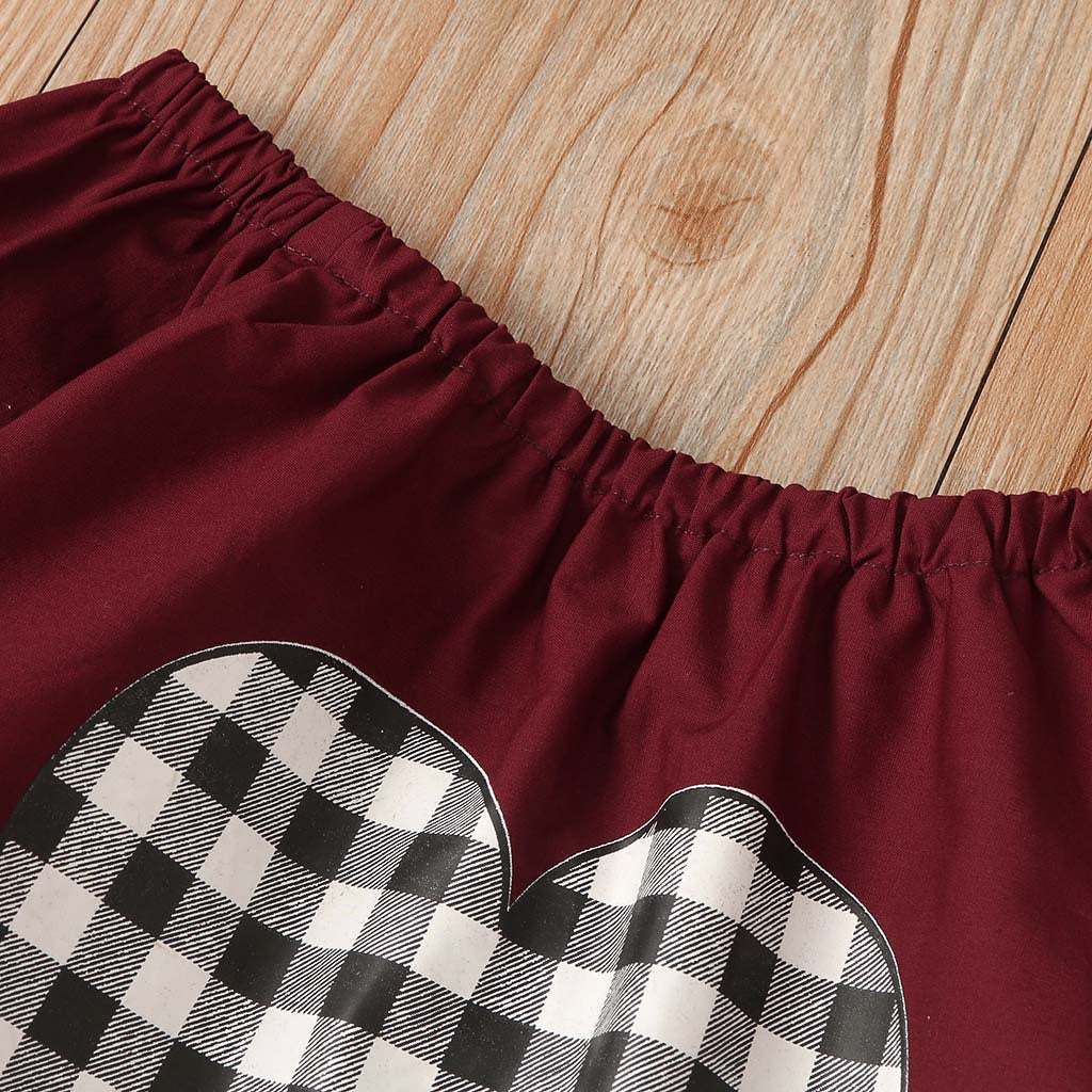 Fashion Baby Kid Girls Valentine's Day Love Plaid Bell Bottoms 2 Pcs Sets