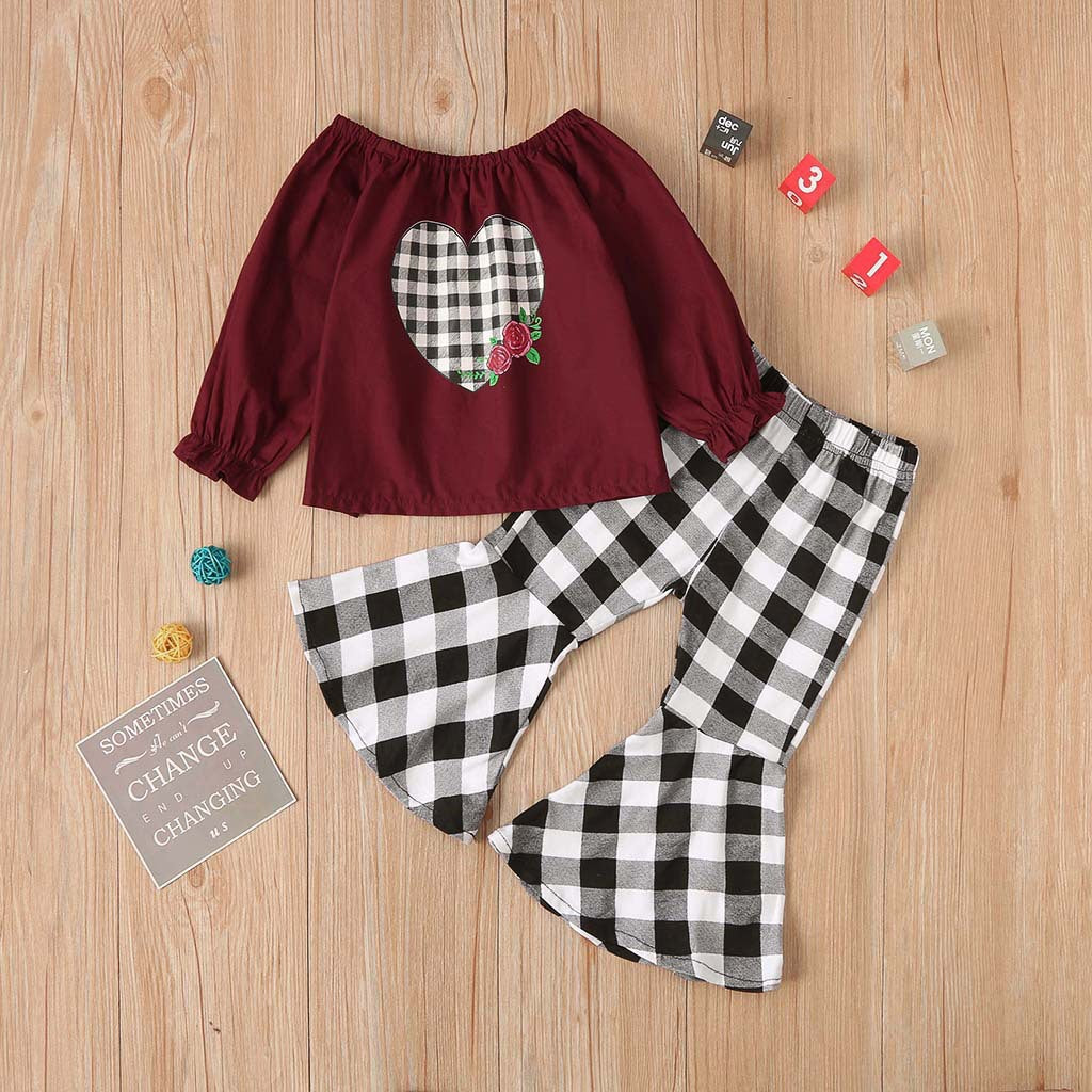 Fashion Baby Kid Girls Valentine's Day Love Plaid Bell Bottoms 2 Pcs Sets