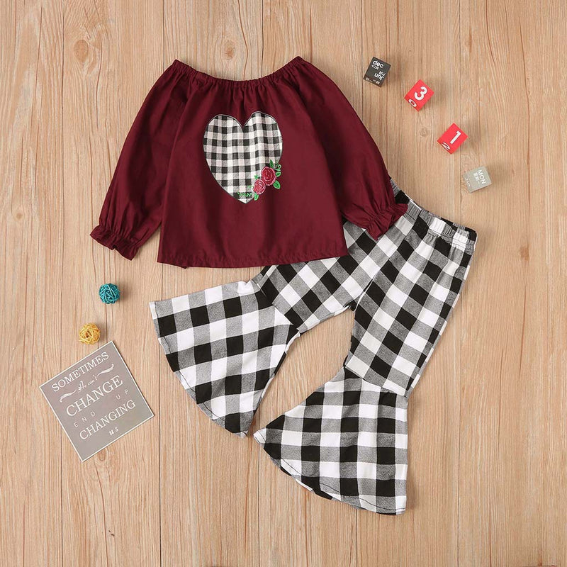 Fashion Baby Kid Girls Valentine's Day Love Plaid Bell Bottoms 2 Pcs Sets