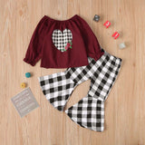 Fashion Baby Kid Girls Valentine's Day Love Plaid Bell Bottoms 2 Pcs Sets