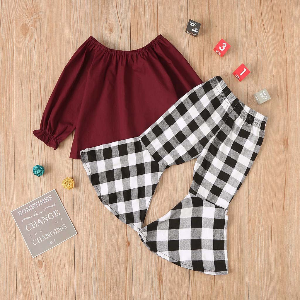 Fashion Baby Kid Girls Valentine's Day Love Plaid Bell Bottoms 2 Pcs Sets