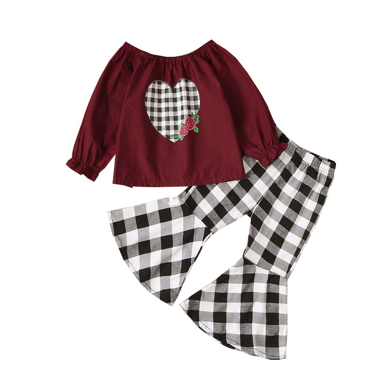 Fashion Baby Kid Girls Valentine's Day Love Plaid Bell Bottoms 2 Pcs Sets