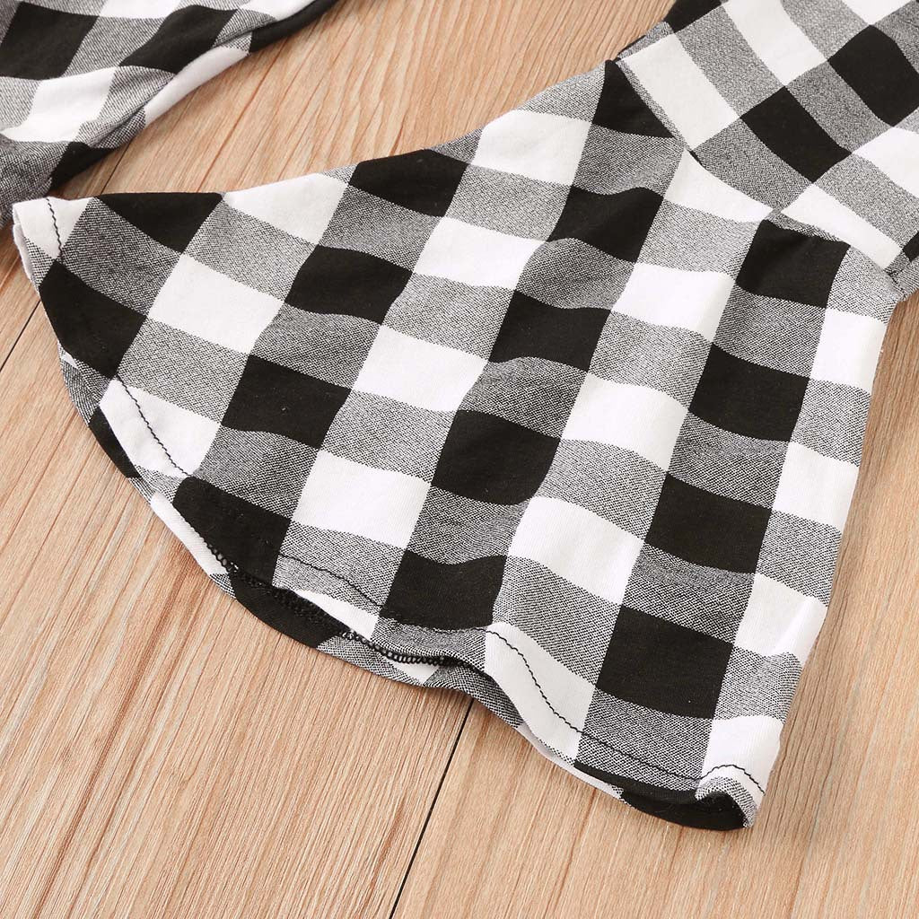 Fashion Baby Kid Girls Valentine's Day Love Plaid Bell Bottoms 2 Pcs Sets