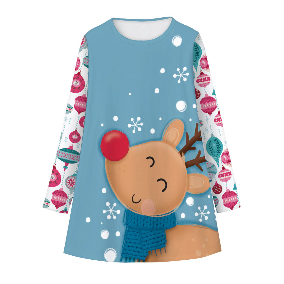 Kid Girls Long Sleeve Round Neck Snowman Christmas Digital Print Dress