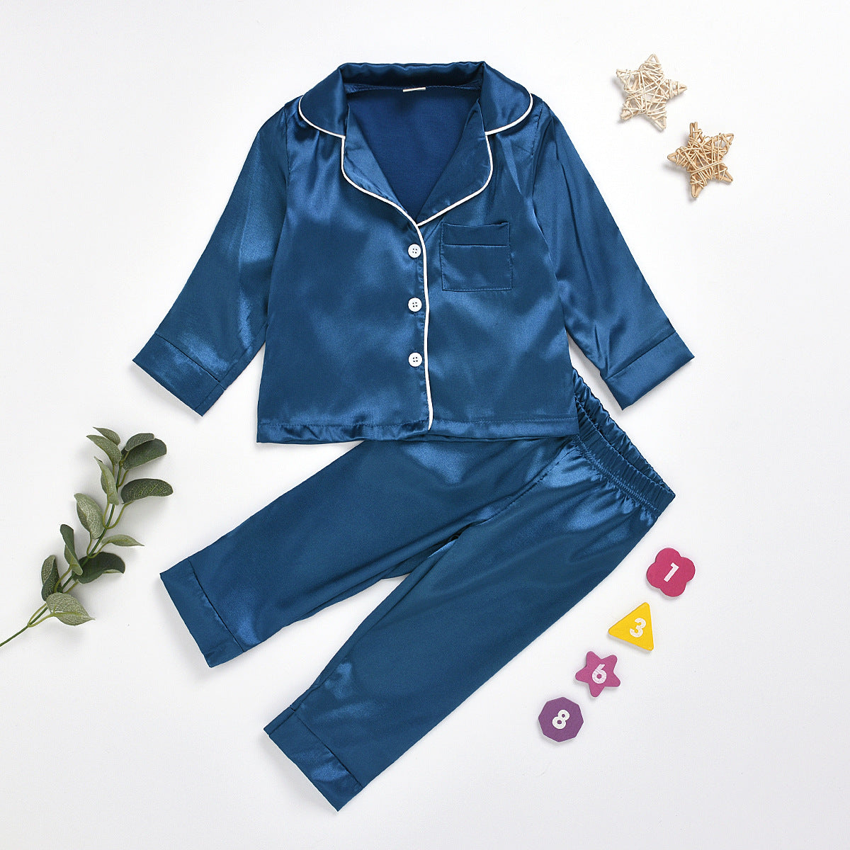 Kids Girl Boys Solid Silk Cardigan Long-sleeved  Pajamas