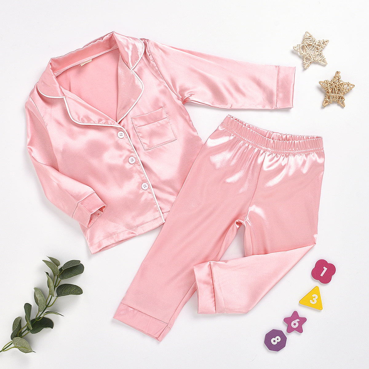 Kids Girl Boys Solid Silk Cardigan Long-sleeved  Pajamas