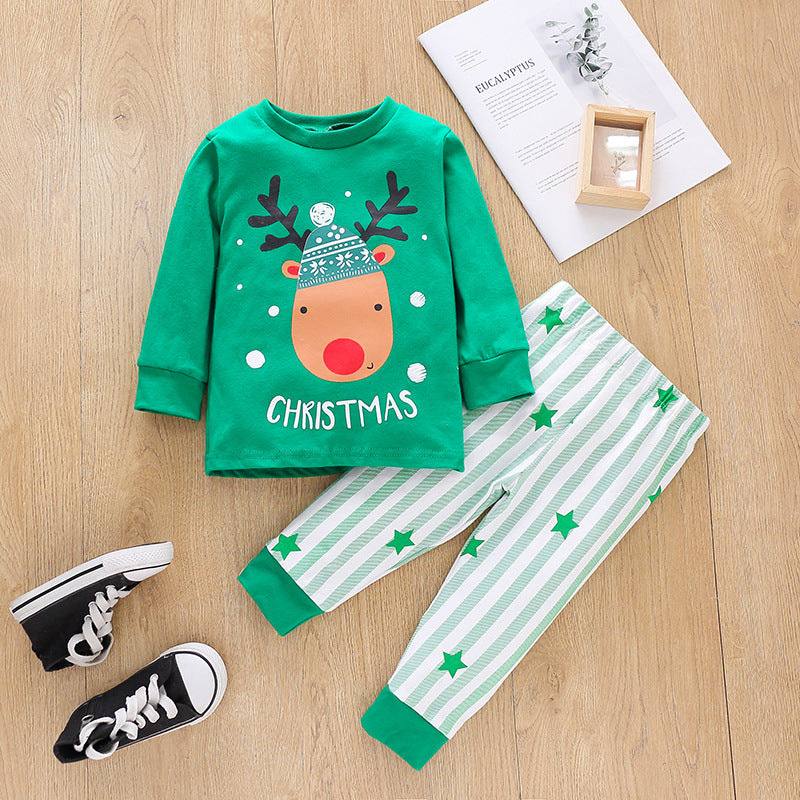 Kids Popular Christmas Print Pullover Spring Striped Pajamas Set 2 Pcs