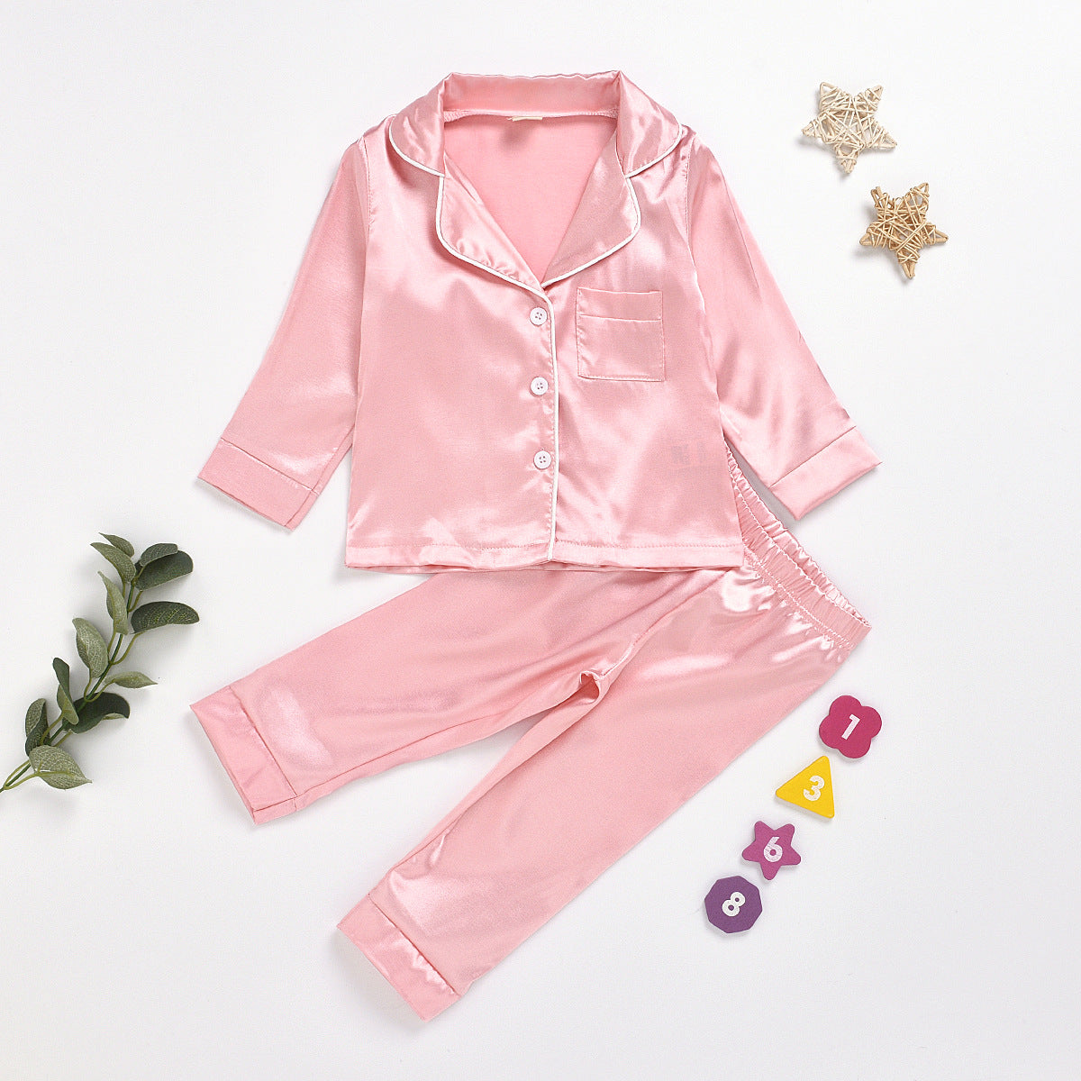 Kids Girl Boys Solid Silk Cardigan Long-sleeved  Pajamas
